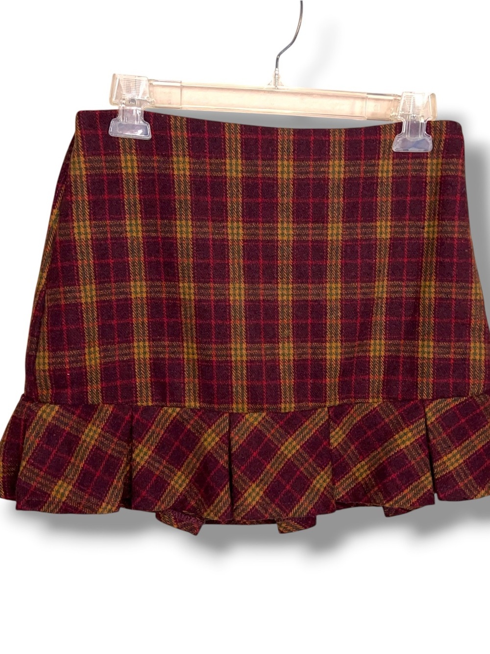 Juniors Medium Kirious Burgundy Red Mustard Wool Blend Mini Skirt Ruffle Y2K